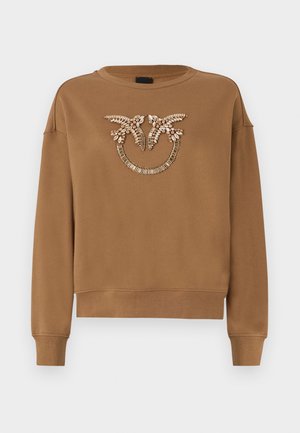 Brun sweatshirt med rund halsudskæring, lange ærmer og dekorative perleudsmykninger i et blomstermotiv på forsiden. Blød tekstur.