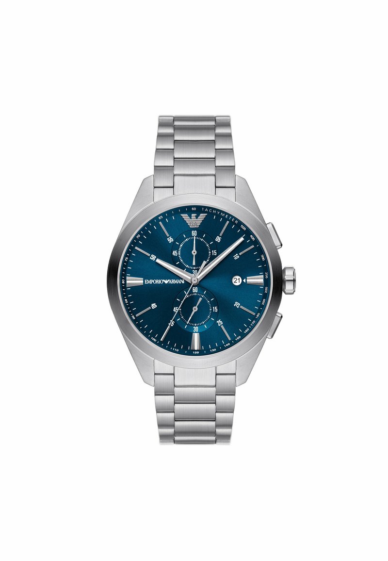 Montre chronographe en acier inoxydable avec un cadran bleu, des accents argentés et un tachymètre. Comprend trois sous-cadrans et une fonction date.