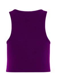 Fialový bezramienkový crop top s okrúhlym výstrihom, vyrobený z hladkej tkaniny. Má jednoduchý dizajn s čistými okrajmi a bez ďalších akcentov.