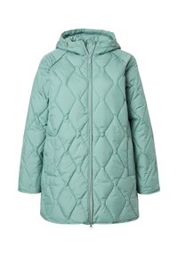 Gefütterte Jacke in hellem Blaugrün mit Kapuze, ausgestattet mit einem rautenförmigen Steppmuster, durchgehendem Reißverschluss und Seitentaschen. Weiches, wasserabweisendes Material.
