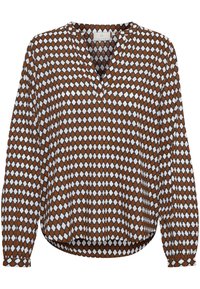 Blusa marrone con motivo a V, caratterizzata da un design geometrico in bianco e arancione. Maniche lunghe con polsini arricciati e una vestibilità comoda.
