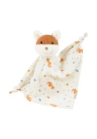 Blanket with a fox head, made of soft fabric. Features orange and beige colors with printed squirrels and acorns on a white background.