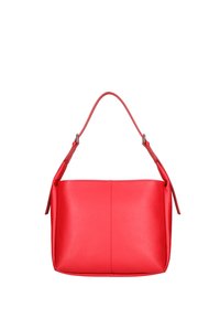 Borsa a tracolla rossa in pelle, con una superficie liscia, una maniglia curva e una forma rettangolare spaziosa. Presenta un design minimalista senza hardware visibile.