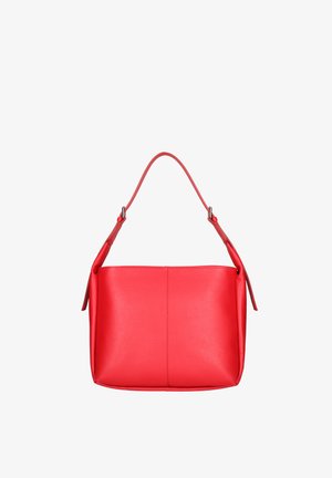 Rote Lederhandtasche mit glatter Textur, gebogenem Griff und geräumiger rechteckiger Form. Verfügt über ein minimalistisches Design ohne sichtbare Beschläge.