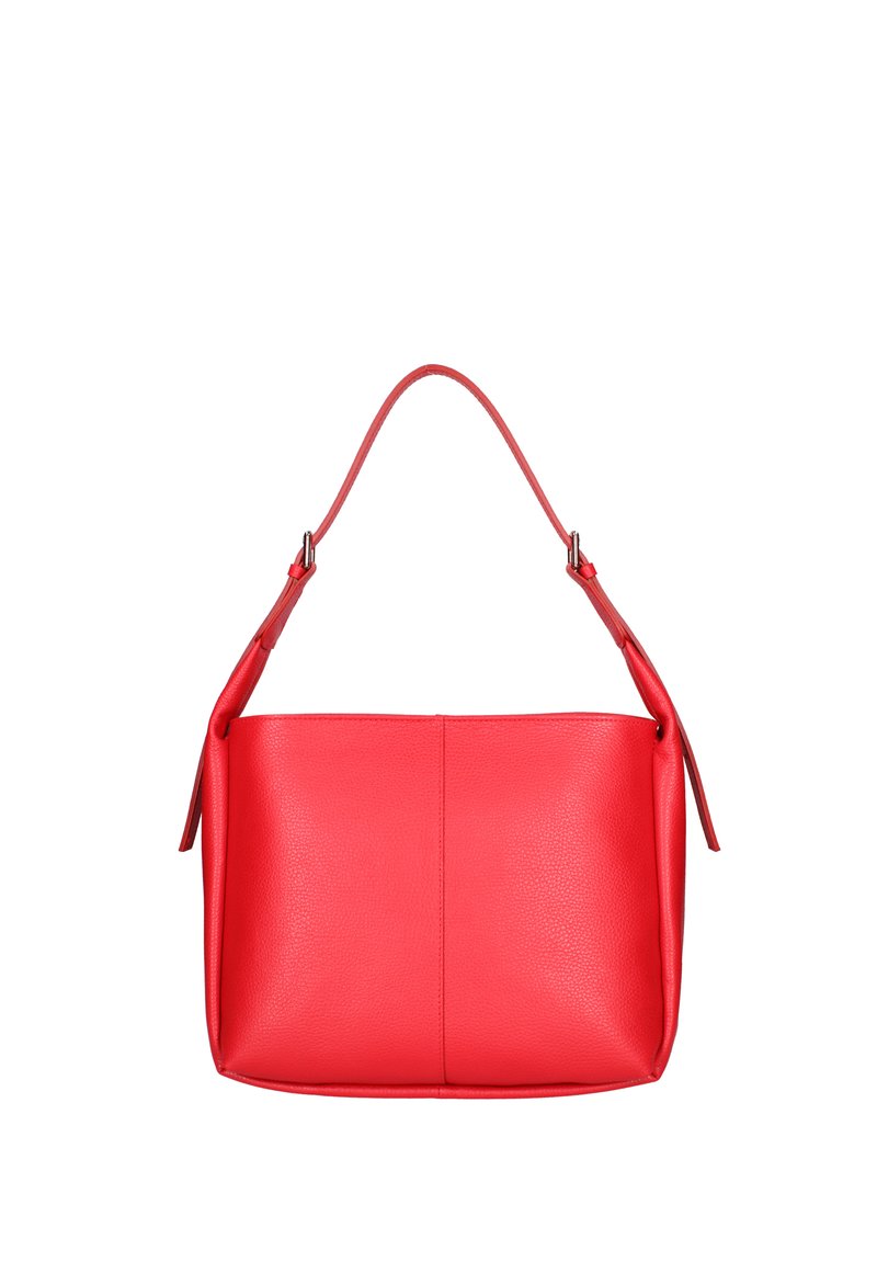 Borsa a tracolla rossa in pelle, con una superficie liscia, una maniglia curva e una forma rettangolare spaziosa. Presenta un design minimalista senza hardware visibile.