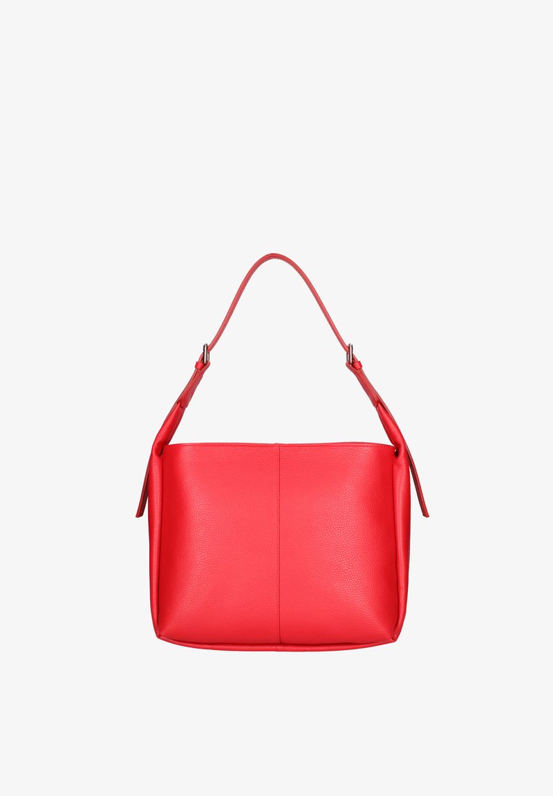 Borsa a tracolla rossa in pelle, con una superficie liscia, una maniglia curva e una forma rettangolare spaziosa. Presenta un design minimalista senza hardware visibile.