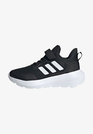 Black athletic shoe with a textured upper, white three-stripe accents, a padded collar, and a thick white Cloudfoam sole. Adjustable strap for fit.