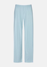 Lichtblauwe pyjamabroek met een diamantenpatroon, gemaakt van zachte stof, voorzien van een elastische tailleband en losvallende rechte pijpen.