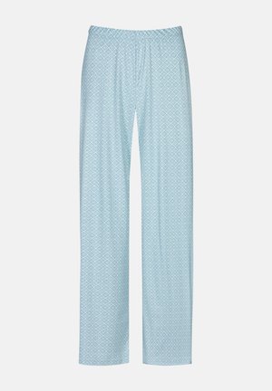 Lichtblauwe pyjamabroek met een diamantenpatroon, gemaakt van zachte stof, voorzien van een elastische tailleband en losvallende rechte pijpen.