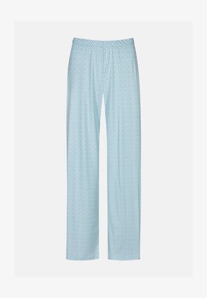 Lichtblauwe pyjamabroek met een diamantenpatroon, gemaakt van zachte stof, voorzien van een elastische tailleband en losvallende rechte pijpen.