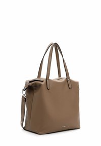 Brown leather tote bag with textured surface, dual top handles, and an adjustable shoulder strap. Features silver hardware and logo detail.