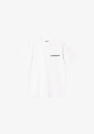 Biały bawełniany t-shirt z krótkimi rękawami. Na lewej piersi znajduje się czarne nadrukowane logo. Klasyczny, okrągły dekolt. Prosty, jednolity kolor.