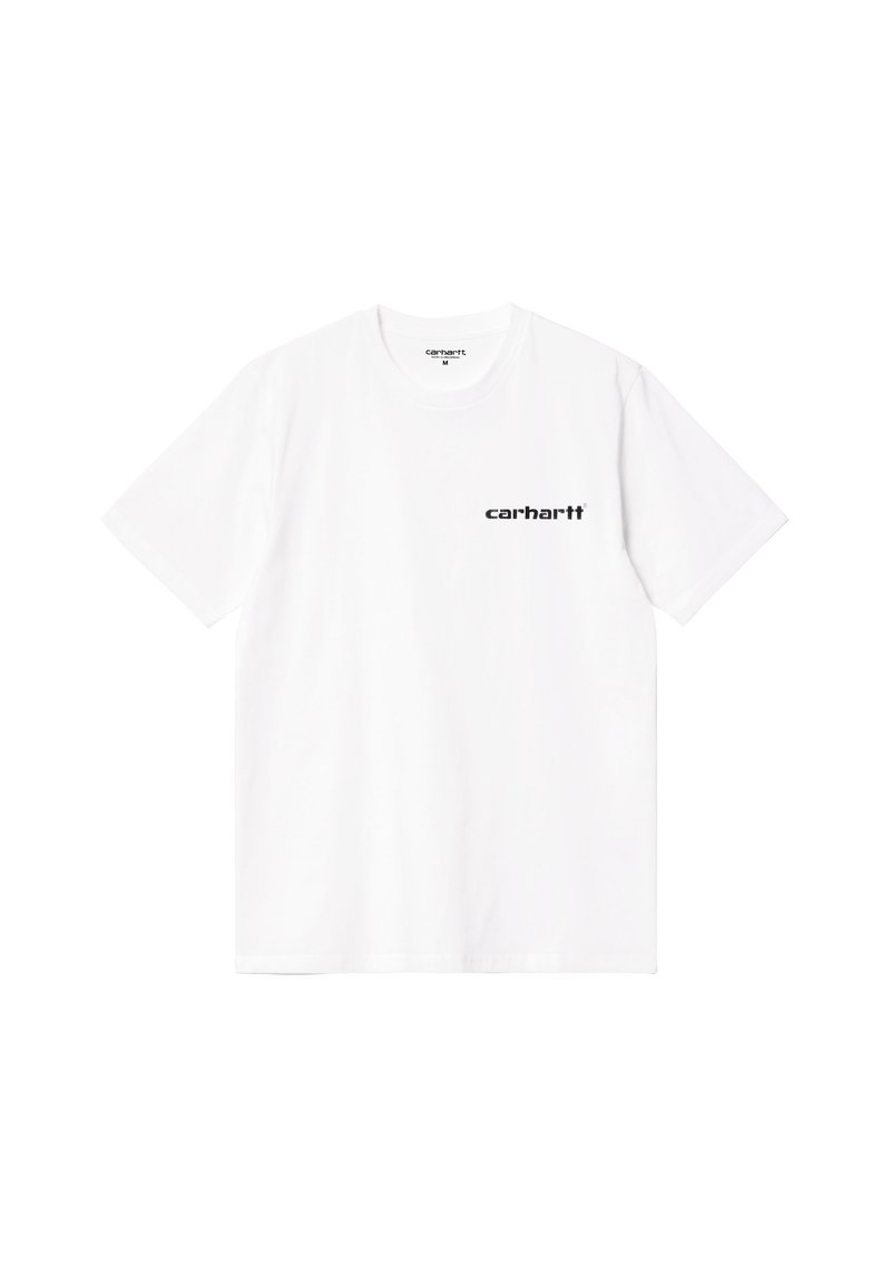 Biały bawełniany t-shirt z krótkimi rękawami. Na lewej piersi znajduje się czarne nadrukowane logo. Klasyczny, okrągły dekolt. Prosty, jednolity kolor.