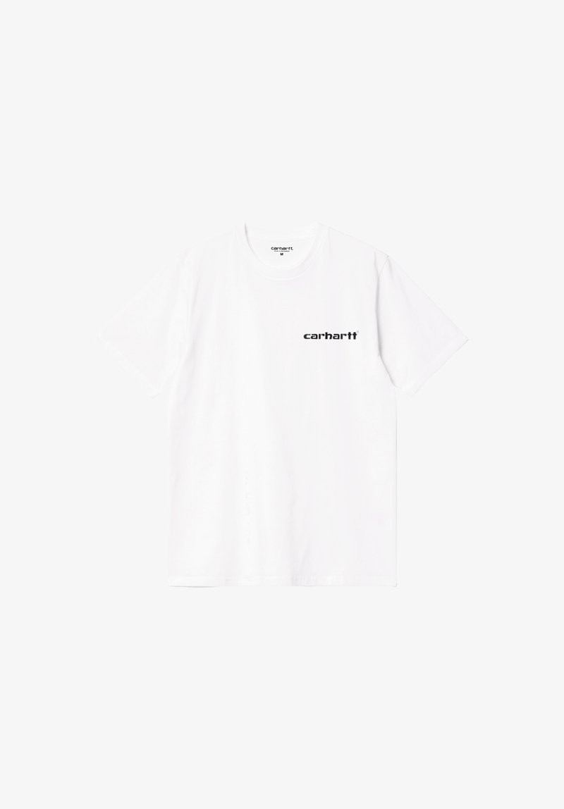 Biały bawełniany t-shirt z krótkimi rękawami. Na lewej piersi znajduje się czarne nadrukowane logo. Klasyczny, okrągły dekolt. Prosty, jednolity kolor.