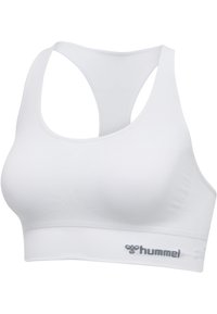 Biały stanik sportowy o bezszwowym wzornictwie, wąskich ramiączkach i szerokim pasku pod biustem z logo. Wykonany z gładkiego, elastycznego materiału.