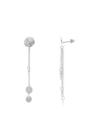 Zilveren oorbellen met een ronde stud, met daaronder een reeks aan elkaar gekoppelde kettingen en ronde en ovale hangers.