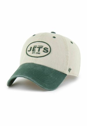 Beige und grüne Baseballkappe mit dem auf der Vorderseite eingestickten Schriftzug "New York Jets Est. 1960", gebogenem grünem Schirm und kleinem '47'-Logo an der Seite.