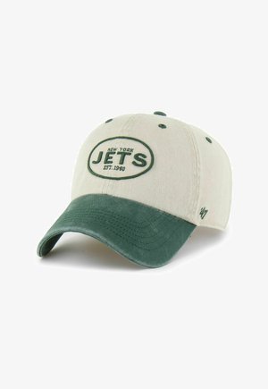 Cappellino da baseball beige e verde con la scritta ricamata "New York Jets Est. 1960" sul davanti, visiera verde curva e piccolo logo '47' sul lato.