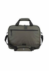 Graue wiederverwertete Stofftasche mit zwei oberen Griffen, verstellbarem Schultergurt, Vorderfach mit Reißverschluss und Logopatch in der unteren rechten Ecke.
