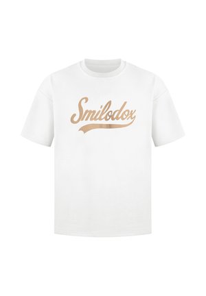 Witte katoenen t-shirt met korte mouwen, voorzien van een beige cursieve logo "Smilodox" op de borst. Klassieke ronde halslijn, zonder patronen.