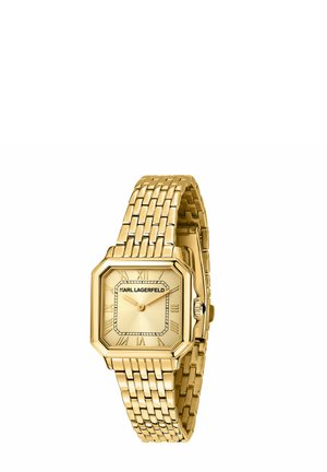 Orologio da polso quadrato in tono oro con numeri romani, bracciale a maglie e logo "KARL LAGERFELD" sul quadrante, che indica l'ora 10:11.