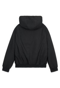 Veste noire à capuche avec poignets et taille élastiques, vue de dos sur fond blanc.