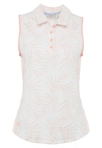 Ärmlös vit polo med ljusrosa palmbladsmönster, rosa knappar och liten Adidas-logotyp vid fållen.