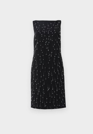 Robe noire sans manches avec un design intégral de fils métalliques argentés et de petits embellissements, créant une apparence texturée et dynamique.