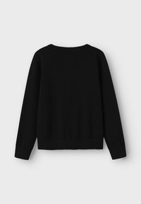 Schwarzer Strickpullover mit langen Ärmeln, rundem Ausschnitt und gerippten Bündchen und Saum. Glatte Textur und schlichtes Design, keine sichtbaren Muster.