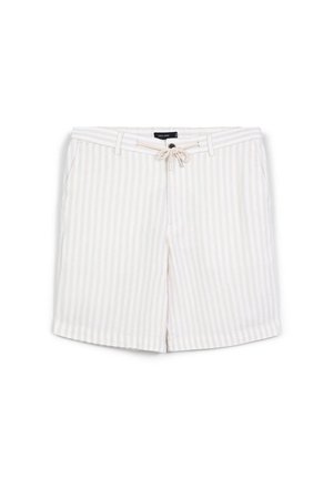 Striped beige shorts with a drawstring waist, two front pockets, and a light fabric texture. Features a button closure and contrasting stripes.