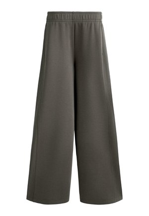 Pantaloni largi, de culoare verde închis, cu talie elastică, confecționați dintr-un material moale. Prezintă detalii la cusăturile laterale și o textură netedă.