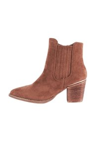 Stivale alla caviglia in suede marrone con punta affilata, pannelli laterali elasticizzati e tacco bloccato strutturato. Presenta dettagli di cucitura discreti lungo la suola.