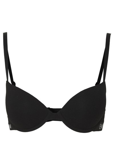 Black padded underwire bra with adjustable straps and a smooth fabric texture. Features a front closure and logo accents on the band.