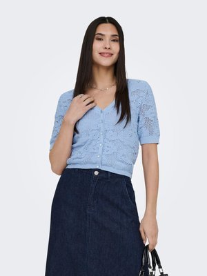 Femme aux longs cheveux foncés portant un haut en maille bleu clair boutonné et une jupe en denim foncé, tenant un petit sac à main noir.