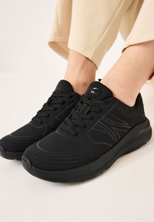 Schwarze Sportschuhe mit synthetischem Obermaterial, strukturierten Details, runder Zehenform, Schnürsenkeln und einer schlanken Gummisohle. Rundes Logo auf der Zunge.