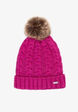 Berretto a maglia rosa con motivo a trecce, caratterizzato da un pompon in pelliccia sintetica marrone sulla cima e un bordo a coste. Etichetta del marchio sul lato.