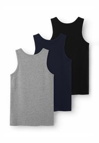 Trois débardeurs : gris clair, bleu marine et noir. Matière en coton avec une texture lisse, encolures rondes et sans motifs ajoutés.