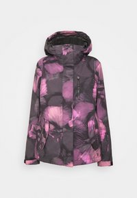 Floral patterned jacket in dark gray, featuring shades of purple. Includes a hood, front zip, and two side pockets. Textured, lightweight material.
