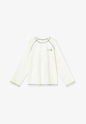 ilgais rankovės, kreminės spalvos marškiniai su apvaliu iškirpimu ir pilkų akcentų palei siūles. Ant krūtinės yra mažas logotipas. Minkštas audinys.