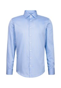Camicia da uomo a maniche lunghe di colore azzurro chiaro con strisce verticali bianche, con bottoni frontali, colletto a punte e polsini a righe.