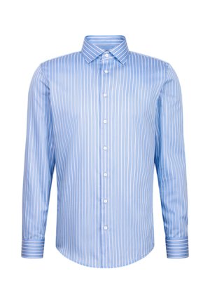 Chemise habillée à manches longues bleu clair avec des rayures verticales blanches, front boutonné, col pointu et poignets rayés.