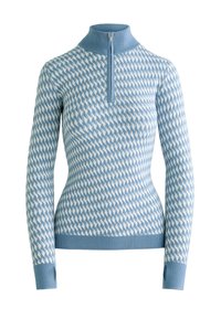Stickad tröja med hög krage, halv dragkedja, i ljusblått med ett upprepat vitt zigzagmönster och ribbade ärmslut och nederkant.