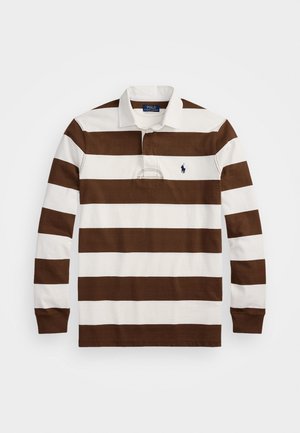 Bruin en witte gestreepte poloshirt met lange mouwen en een kraag, met een klein marineblauw logo op de linkerkant van de borst. Van katoen.