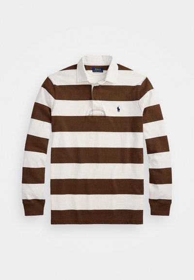 Καφέ και λευκό ριγέ μακρυμάνικο πόλο μπλουζάκι με κολάρο, που διαθέτει ένα μικρό ναυτικό λογότυπο στο αριστερό στήθος. Υλικό από βαμβάκι.