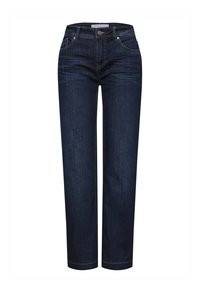 Jeans de mezclilla azul oscuro con corte recto, diseño de cinco bolsillos y cierre de botón en la cintura. Tejido duradero que ofrece un look clásico y casual.