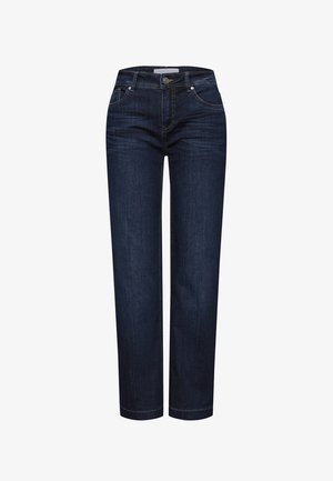 Dunkelblaue Denim-Jeans mit geradem Schnitt, Five-Pocket-Design und Knopfverschluss am Bund. Das strapazierfähige Material sorgt für einen klassischen, lässigen Look.