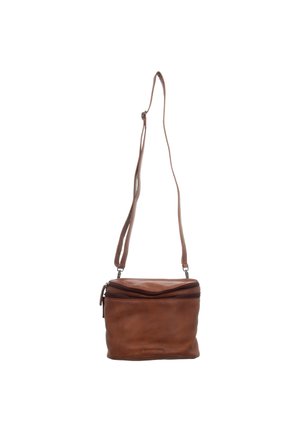Brown leather crossbody bag with adjustable strap and two visible zippered compartments, displayed against a white background.