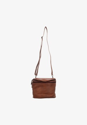Brown leather crossbody bag with adjustable strap and two visible zippered compartments, displayed against a white background.