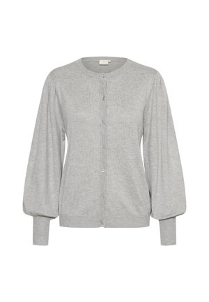 Grauer Cardigan aus weichem Stoff, mit Knopfverschluss, rundem Ausschnitt und puffartigen langen Ärmeln mit gerippten Bündchen.