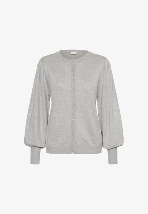 Pelēkais džemperis, kas izgatavots no maiga auduma, ar pogu aizdari, apaļu kaklu un pūkainām garām piedurknēm ar ribotām aprocēm.